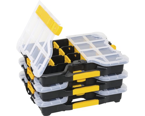 Pile de quatre boîtes d''assortiment avec compartiments et couvercles transparents