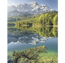 Bergsee mit Spiegelung des Gebirges und Baumbestand