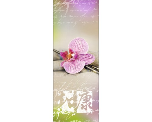 Image murale décorative avec orchidée, pierres et caractères asiatiques