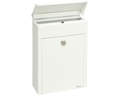 Weißer MEFA Standbriefkasten mit Schloss und geöffneter Klappe
