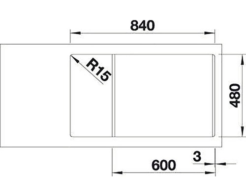 Schéma technique d''un évier avec dimensions : largeur totale de 840 mm, profondeur de 480 mm, rayon d''angle R15 et position du bassin.