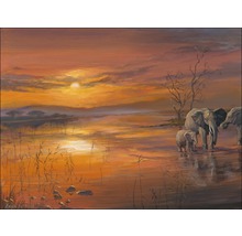 Gemälde mit Elefantenfamilie in afrikanischer Landschaft bei Sonnenuntergang