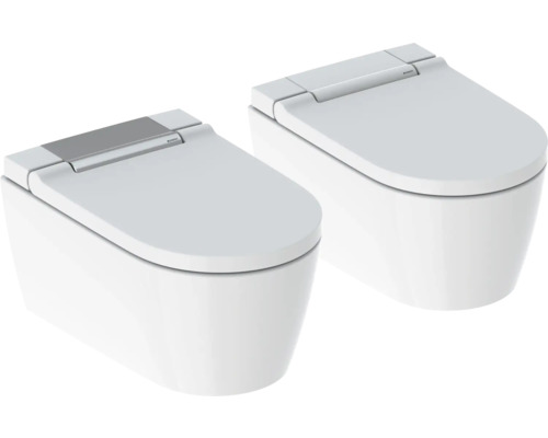 Zwei weiße Wand-WCs mit Spülkasten