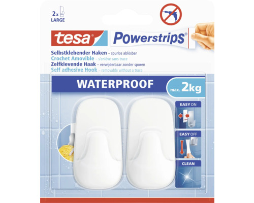 Tesa Powerstrips Haken, selbstklebend, wasserfest, mit einer maximalen Tragkraft von 2 Kilogramm, 2 Stück