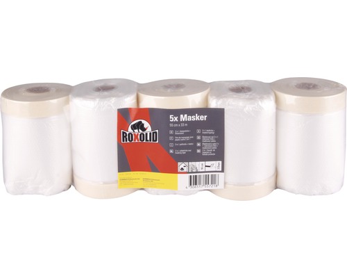 ROXOLID Profipack Feinkrepp Masker 550 mm x 33 m 5 Stück Fünf Rollen Roxolid Masker Abdeckfolie mit Kreppband, 55 cm x 33 m