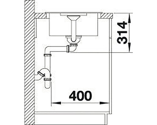 Technische Zeichnung eines Spülbeckens mit Abmessungen für die Installation
