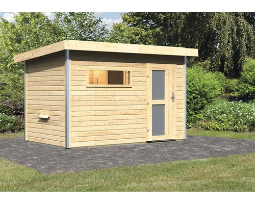 Chalet sauna Karibu Topas 1 sans poêle, avec porte en bois avec verre opale