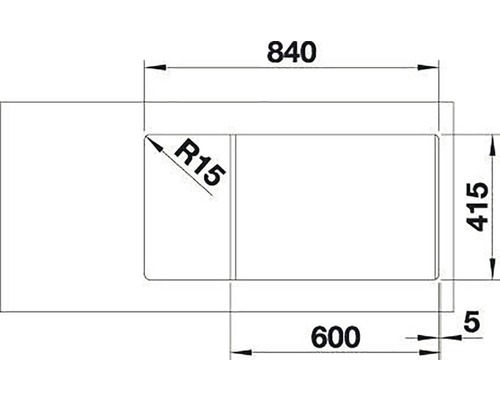 Technische Zeichnung mit Maßangaben für ein Produkt, einschließlich Länge 840, Breite 415 und Radius 15