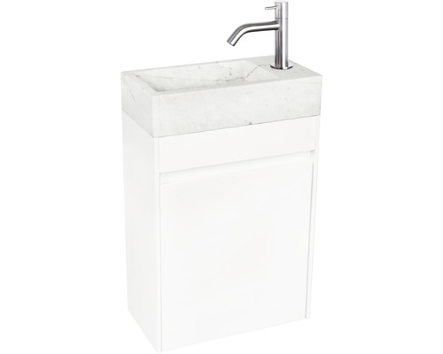 Meuble-lavabo avec meuble sous-vasque, vasque en marbre et robinet