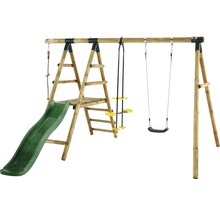 Aire de jeux en bois avec toboggan, échelle de corde et balançoire