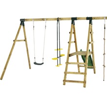 Aire de jeux avec balançoire, structure d''escalade et toboggan en bois