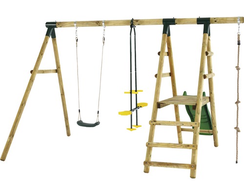 Aire de jeux avec balançoire, structure d''escalade et toboggan en bois