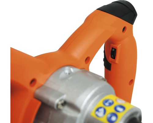 Vue détaillée d''un mélangeur avec une poignée orange et un interrupteur