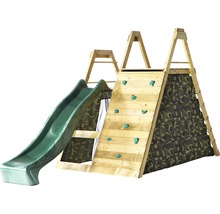 Spielturm mit Rutsche, Kletterwand und Tarnnetz