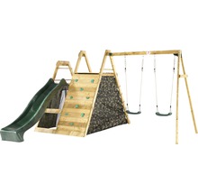 Spielturm mit Rutsche, Kletterwand und Schaukel aus Holz