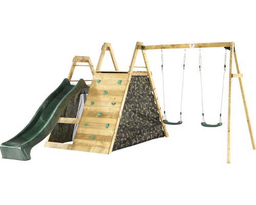 Spielturm mit Rutsche, Kletterwand und Schaukel aus Holz