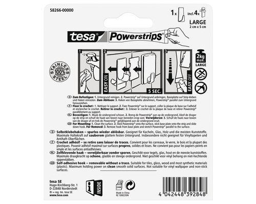 Tesa Powerstrips grand crochet autocollant, quatre Powerstrips inclus