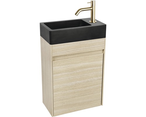 Meuble-lavabo avec meuble bas, lavabo noir et robinetterie dorée