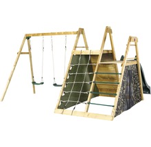 Spielplatzgerät aus Holz mit zwei Schaukeln, Kletternetz und Rutsche
