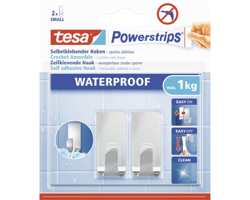 Crochet tesa Powerstrips® Waterproof Small carré acier inoxydable 59777-00000-00 Crochets Tesa Powerstrips, auto-adhésifs, résistants à l''eau, deux pièces