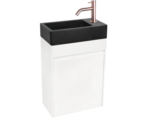 Meuble-lavabo avec meuble sous-lavabo, lavabo noir et robinetterie