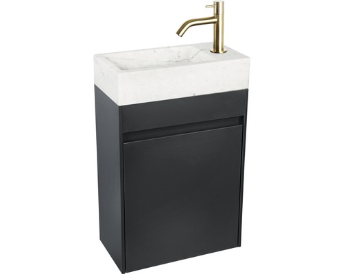 Meuble-lavabo avec armoire basse, lavabo en marbre et robinetterie dorée