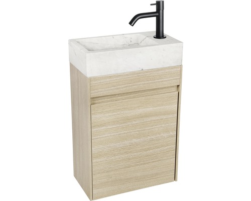 Meuble vasque avec vasque à poser en marbre et meuble sous-vasque avec porte