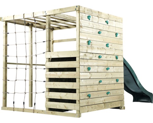 Tour de jeux en bois avec filet d''escalade, mur d''escalade et toboggan