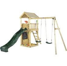 Spielturm aus Holz mit Rutsche und Schaukel