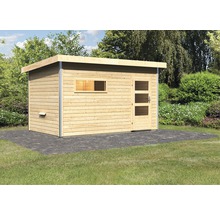 Abri de jardin en bois avec toit plat, fenêtre et porte