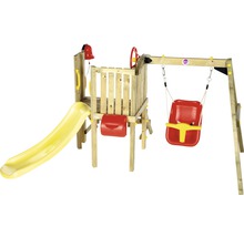 Aire de jeux avec toboggan, balançoire et tour de jeux en bois
