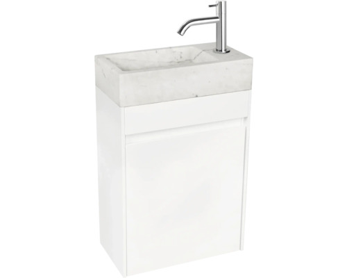 Ensemble de meuble-lavabo avec vasque en marbre et robinet devant un meuble bas blanc