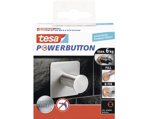 Crochet adhésif Tesa Powerbutton aspect inox, capacité de charge maximale 6 kilogrammes, perçage non nécessaire