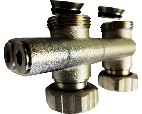 Heizkreisverteiler aus Metall mit Verschraubungen