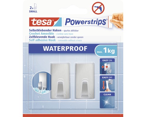 Crochet tesa Powerstrips® Waterproof Small carré acier inoxydable 59780-00000-00 Crochets auto-adhésifs Tesa Powerstrips, deux pièces, charge maximale un kilogramme, étanche