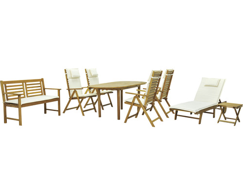 Ensemble de meubles de jardin Garden Place Alina 8 pces. Composé de: 4x chaises, banc, chaise longue, tabouret, table en bois d'acacia rabattable table extensible y compris galette d'assise