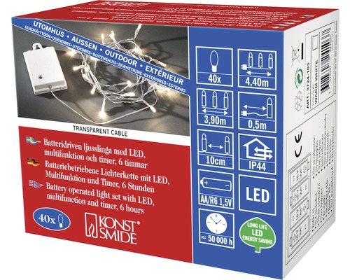 Guirlande lumineuse LED Konstsmide 1,9 m 40 LED couleur d'éclairage blanc chaud sur batterie avec minuterie 6 heures Guirlande lumineuse Konst Smide avec LED, à piles, multifonction et minuterie, 6 heures