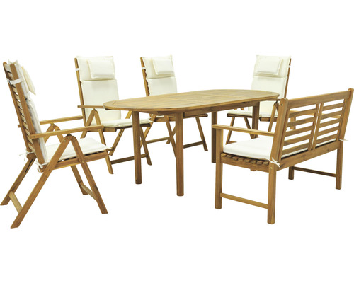 Ensemble de meubles de jardin Garden Place Alina 6 pièces composé de: 4 chaises, banc, table en bois d'acacia huilé rabattable table extensible