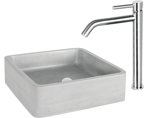 Vasque à poser en béton avec robinet