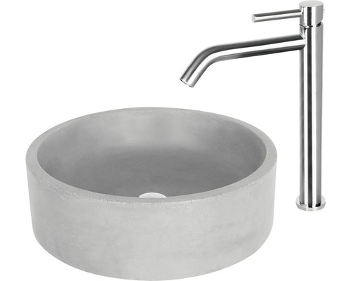 Vasque à poser ronde en béton avec robinet