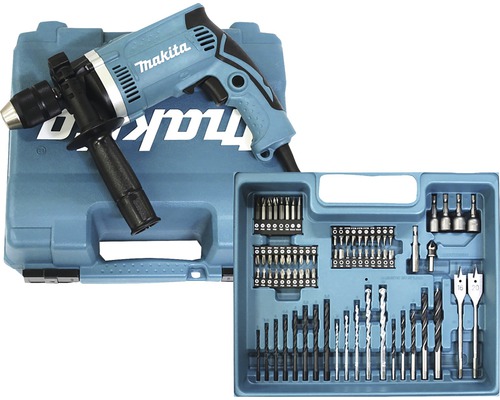 Perceuse à percussion Makita HP1631KX3 710 W avec kit d'accessoires de 74 pièces Perceuse à percussion Makita avec jeu de forets et d''embouts dans une mallette à outils
