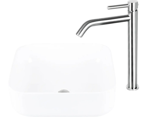 Aufsatzwaschbecken aus Keramik mit Waschtischarmatur aus Metall