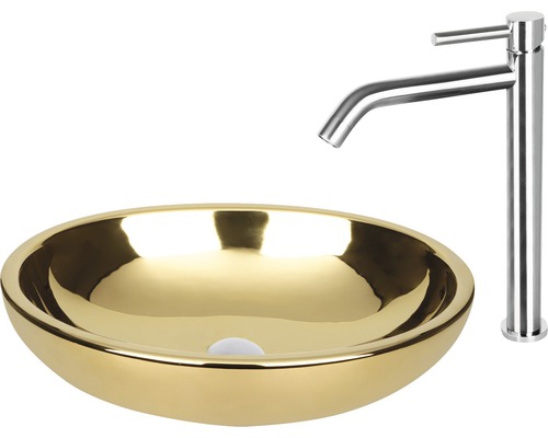 Aufsatzwaschbecken in Goldoptik mit Armatur