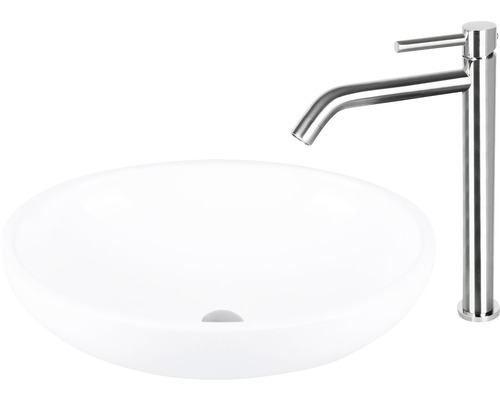 Waschtisch aus Keramik mit Armatur aus Edelstahl
