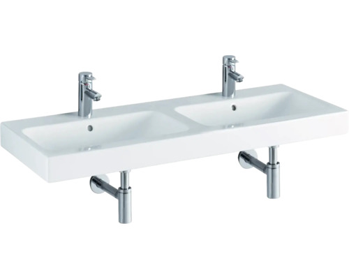 Vasque double en céramique sanitaire avec deux robinets et siphons