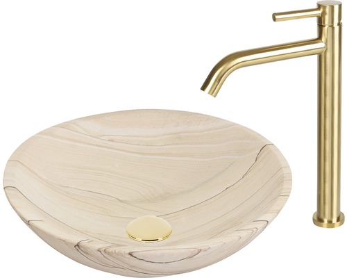 Aufsatzwaschbecken aus Stein mit Armatur für das Badezimmer