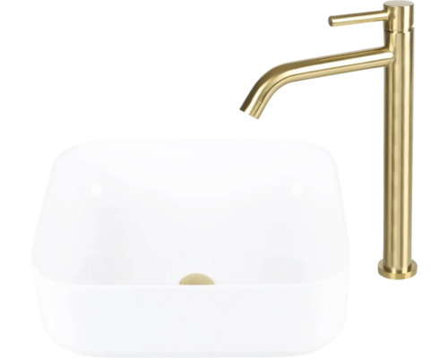 Aufsatzwaschbecken aus Keramik mit Armatur