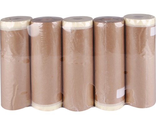 Fünf Rollen Malerkreppband in transparenter Verpackung.