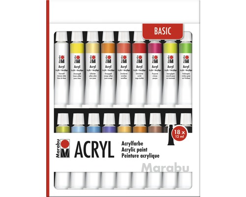 Jeu de peintures acryliques Marabu Basic 18x 12 ml Marabu Set de peintures acryliques avec 18 tubes