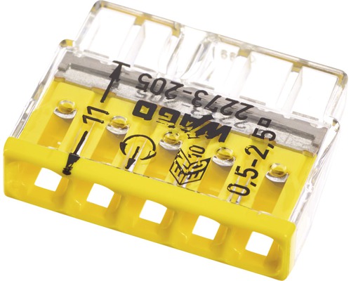 Bornes 5 entrées (0.5-2.5mm) Jaune boite de 100 pièces - WAGO - 2273-205 -  Cdiscount Bricolage